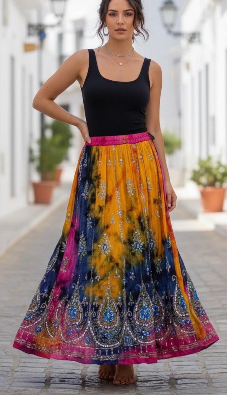 Vibrant boho/bollywood tie dye maxi skirt